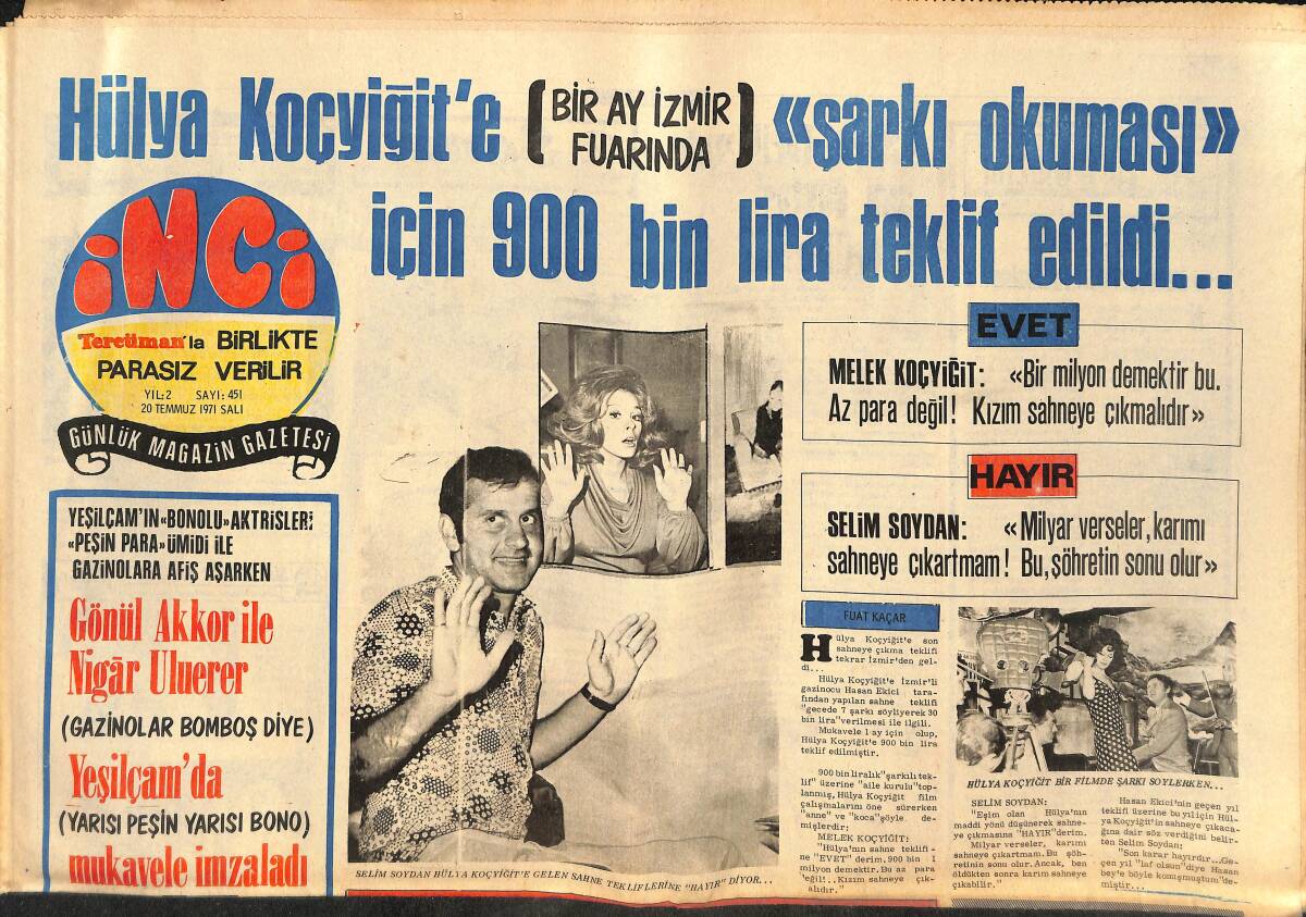 Tercüman Gazetesi İnci Eki 20 Temmuz 1971 - Hülya Koçyiğit'e Şarkı Okuması İçin 900 Bin Lira Teklif Edildi GZ145579 - 1