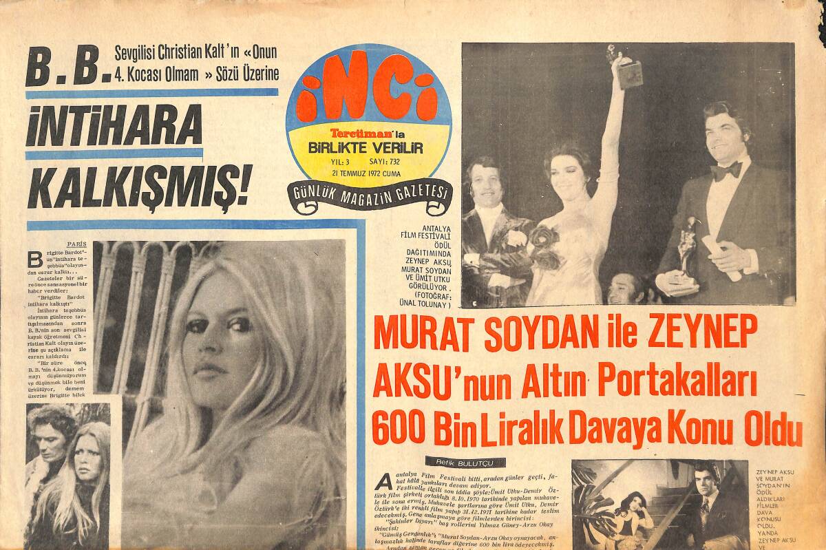 Tercüman Gazetesi İnci Eki 21 Temmuz 1972 - Brigitte Bardot İntihara Kalkışmış ! GZ141723 - 1