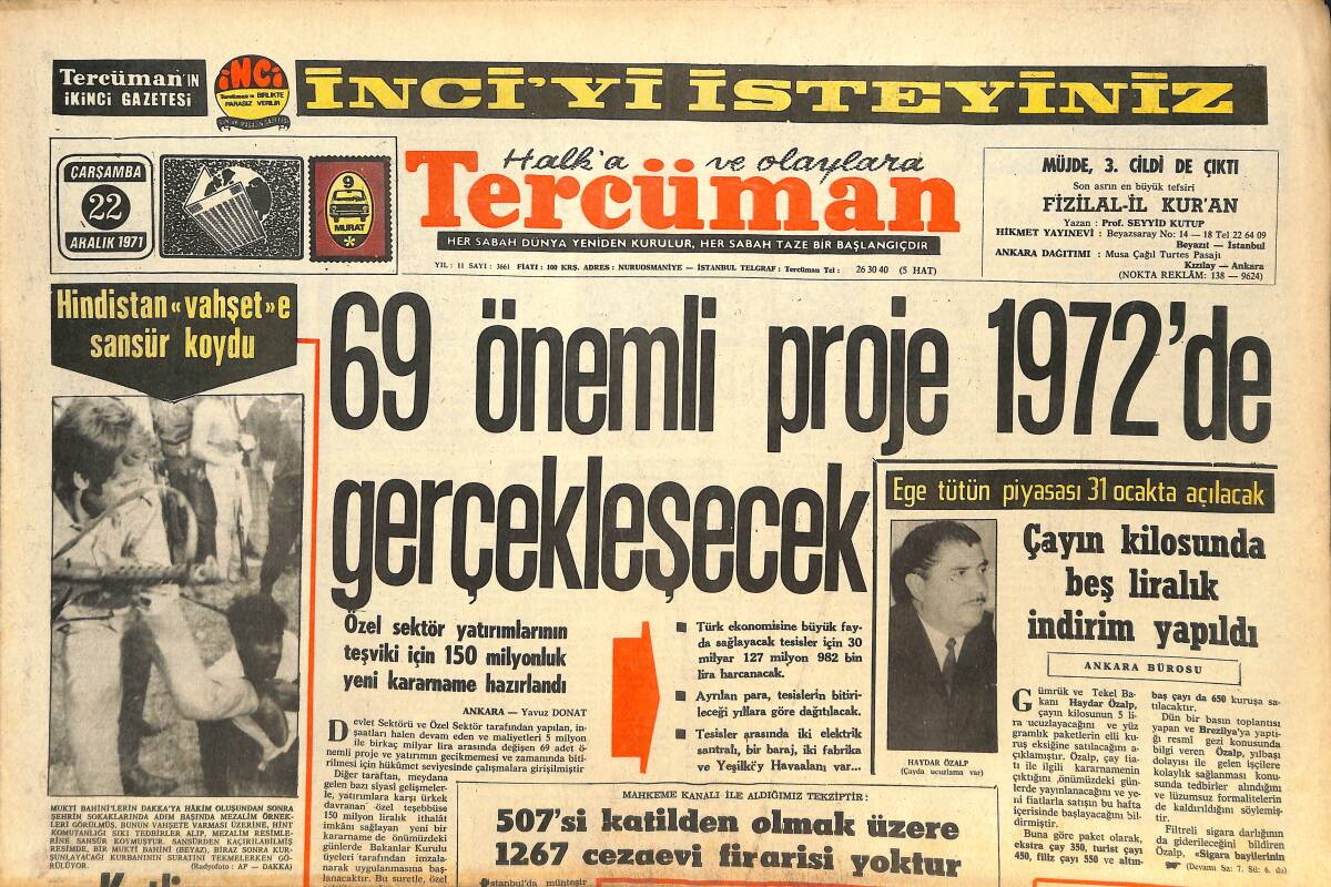 Tercüman Gazetesi İnci Eki 22 Aralık 1971 - 69 Önemli Proje 1972'de Gerçekleşecek! - İbrahim Onuk Gündüz Kılıç'ı Mahkemeye Verdi! GZ144441 - 1