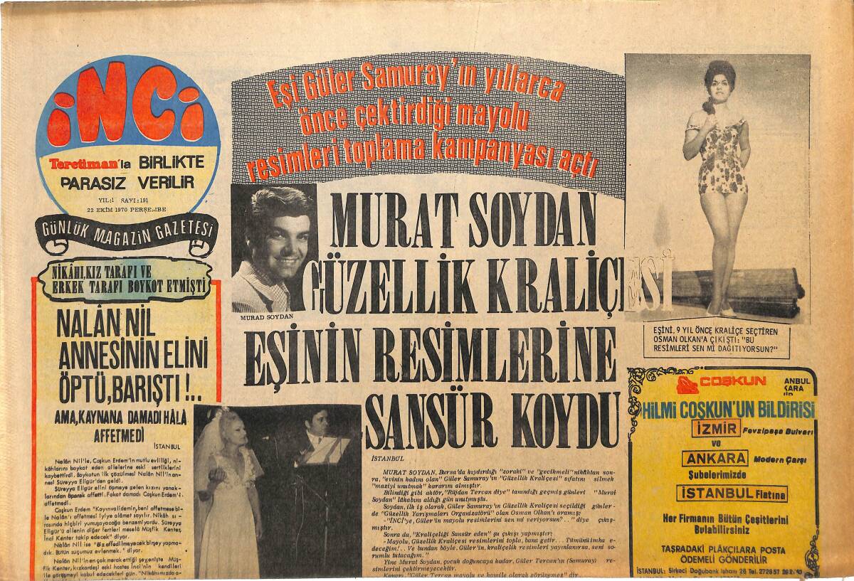 Tercüman Gazetesi İnci Eki 22 Ekim 1970 - Murat Soydan Güzellik Kraliçesi Eşinin Resimlerine Sansür Koydu GZ145364 - 1
