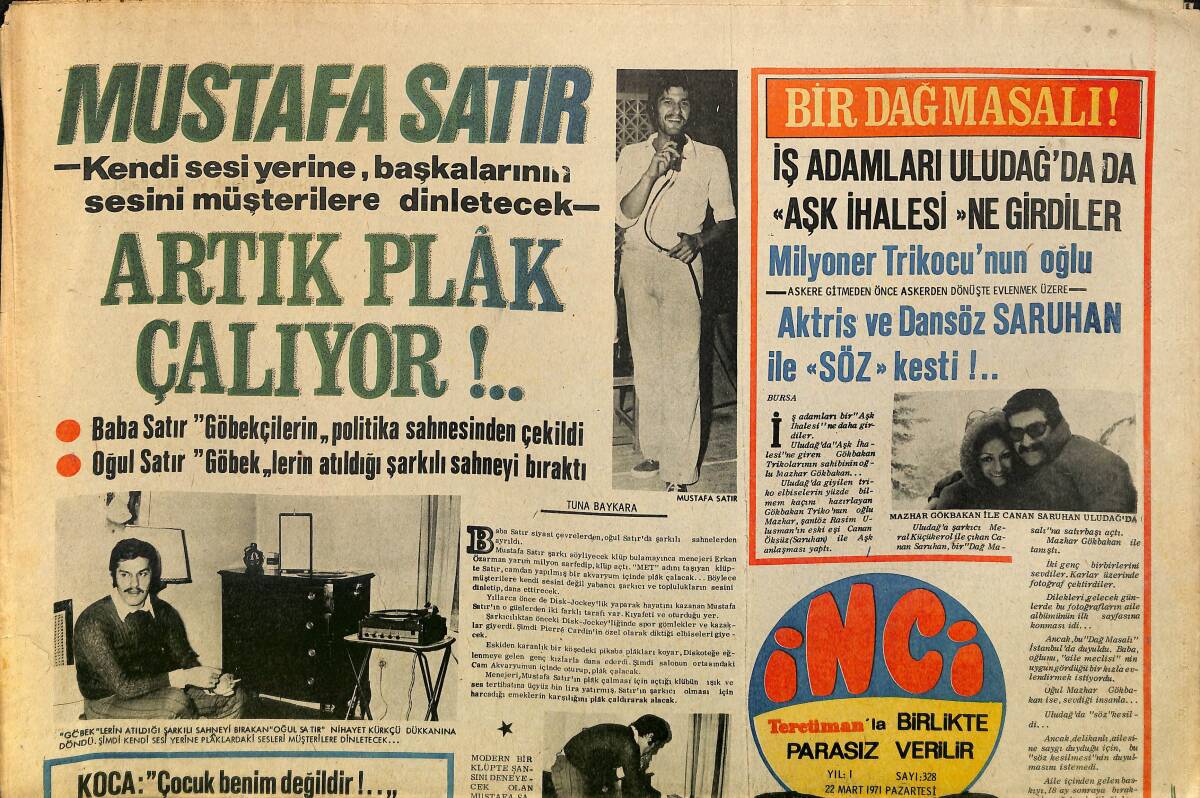 Tercüman Gazetesi İnci Eki 22 Mart 1971 - Mustafa Satır Altın Plâk Çalıyor - Nebahat Çehre Rakı Sofrasında Şarkı Öğreniyor GZ160684 - 1