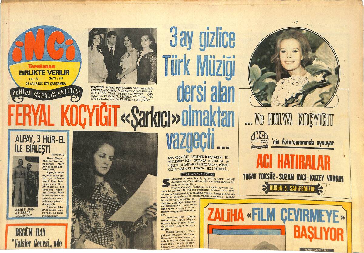 Tercüman Gazetesi İnci Eki 23 Ağustos 1972 - Hülya Koçyiğit İnci'nin Fotoromanında Oynuyor! - Tarık Akan Londra'da Üçer Aylık Sinema Kurslarına Gitcek GZ144667 - 1