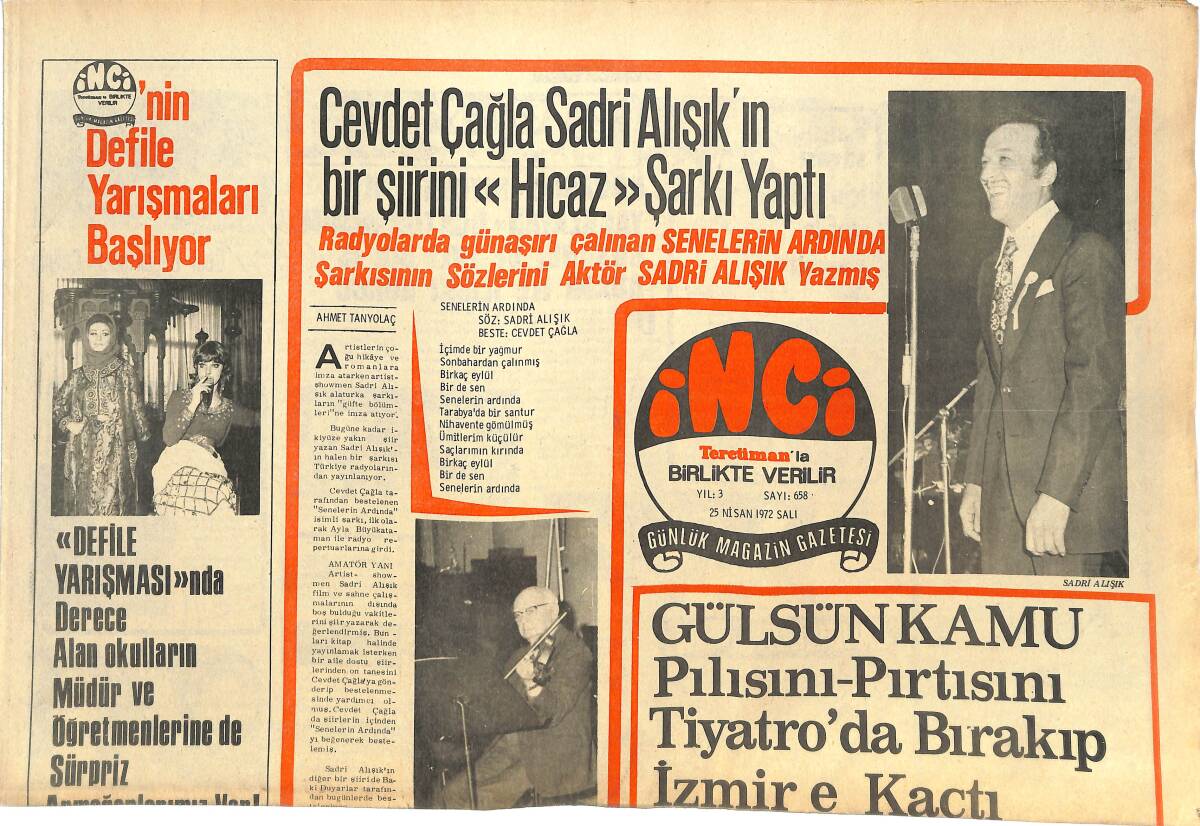 Tercüman Gazetesi İnci Eki 23 Nisan 1972 - Rita Hayworth, Robert Mitchum'un Annesi Rolü İle - Cevdet Çağla, Sadri Alışık'ın Şiirini Hicaz Şarkı Yaptı GZ144634 - 1