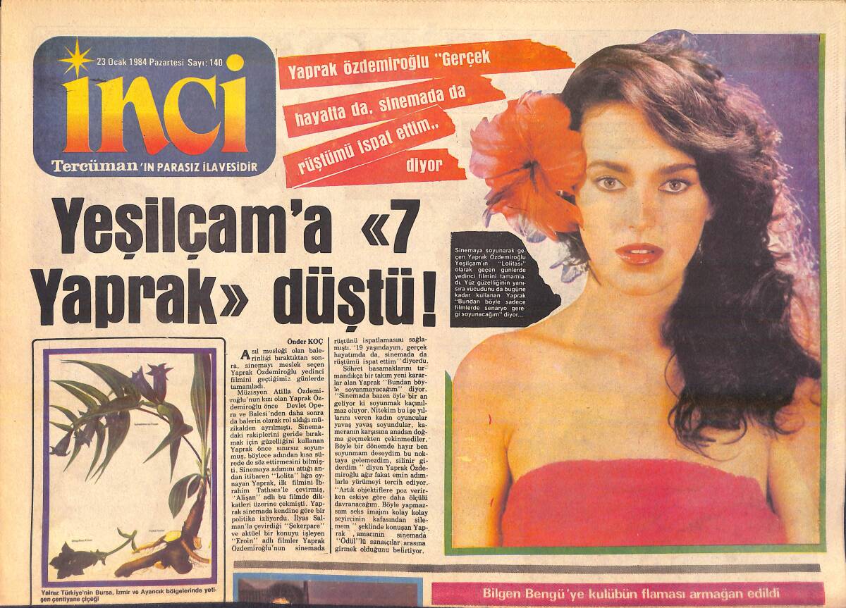 Tercüman Gazetesi İnci Eki 23 Ocak 1984 - Yeşilçam'a Yedi Yaprak Düştü - Ankaragücü Çok Yaşa, Bilgen Bengü'ye Kulübün Flaması Armağan Edildi GZ156264 - 1