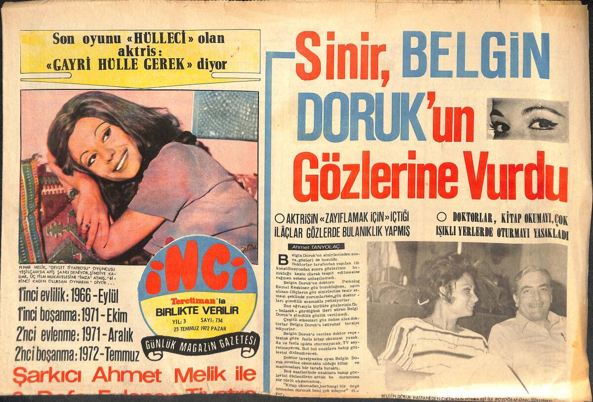 Tercüman Gazetesi İnci Eki 23 Temmuz 1972 - Sinir , Belgin Doruk'un Gözlerine Vurdu GZ141725 - 1