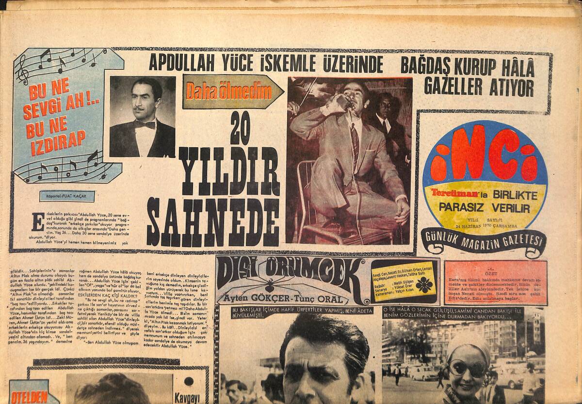 Tercüman Gazetesi İnci Eki 24 Haziran 1970 - Mini Etekle Sahneye Çıkan Nurten İnnap'ı Sevgilisi Dövdü - Abdullah Yüce İskemle Üzerinde Hala Gazeller GZ145936 - 1