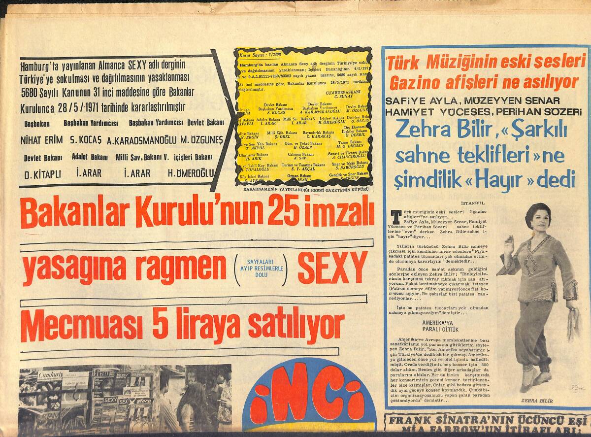 Tercüman Gazetesi İnci Eki 24 Haziran 1971 - Sibel Erkan İçin Kurtuluş Marşı Bestelendi! - Zehra Bilir, Şarkılı Sahne Tekliflerine Şimdilik Hayır Dedi GZ146088 - 1
