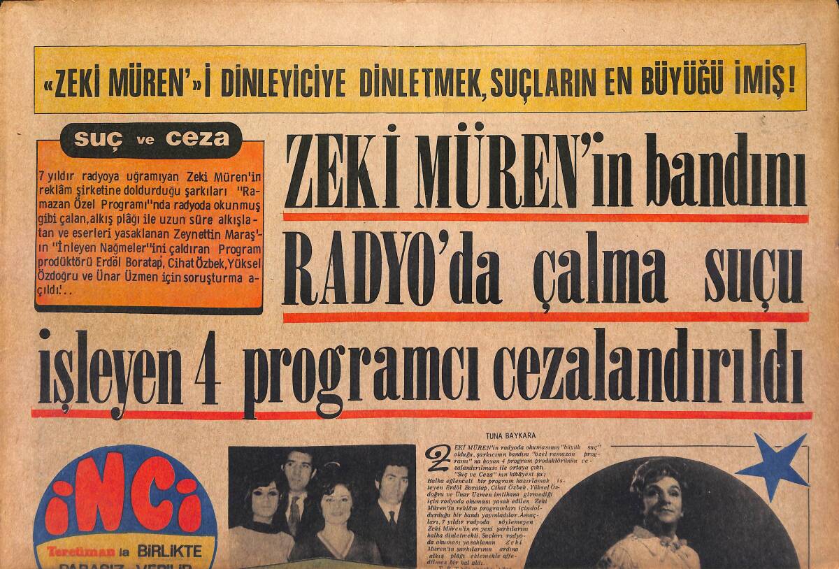 Tercüman Gazetesi İnci Eki 24 Kasım 1970 - Zeki Müren'in Bandını Radyoya Çalma Suçu İşleyen 4 Programcı Cezalandırıldı GZ147493 - 1
