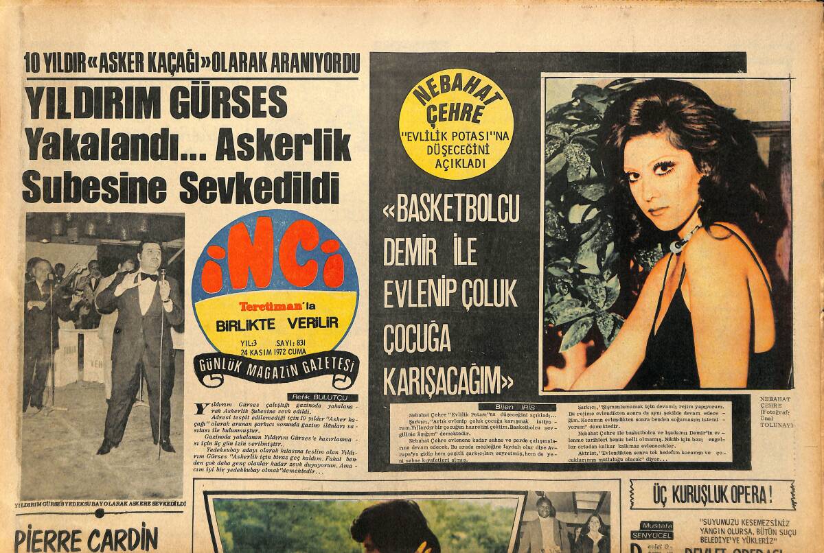 Tercüman Gazetesi İnci Eki 24 Kasım 1972 - Pierre Cardin Aşk Modasını Gençleştirdi - Tarık Akan İngilizlerin Çevireceği Hamlet73'te Başrol Oynayacak GZ147507 - 1