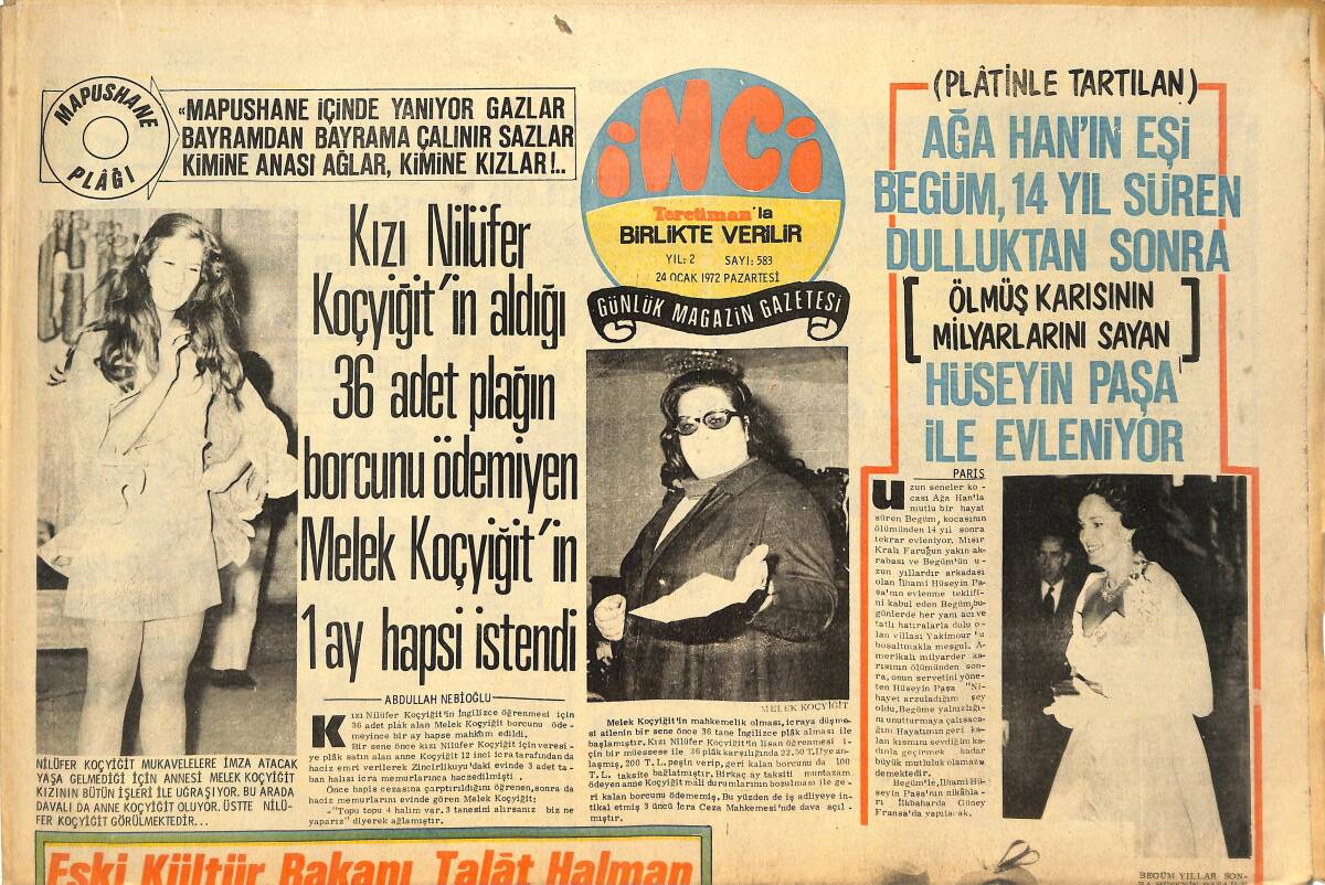 Tercüman Gazetesi İnci Eki 24 Ocak 1972 - Eski Kültür Bakanı Talat Halman Plakçılık Teklifine Hayır Dedi! - Seher Şeniz Ar Perdesi Yırtılıyor! GZ145043 - 1