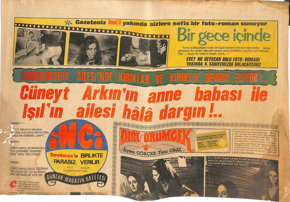 Tercüman Gazetesi İnci Eki 25 Ağustos 1970 - Cüneyt Arkın'ın Anne Babası İle Işıl'ın Ailesi Hala Dargın! - Richard Burton İçkiyi Bıraktı! GZ144742 - 1