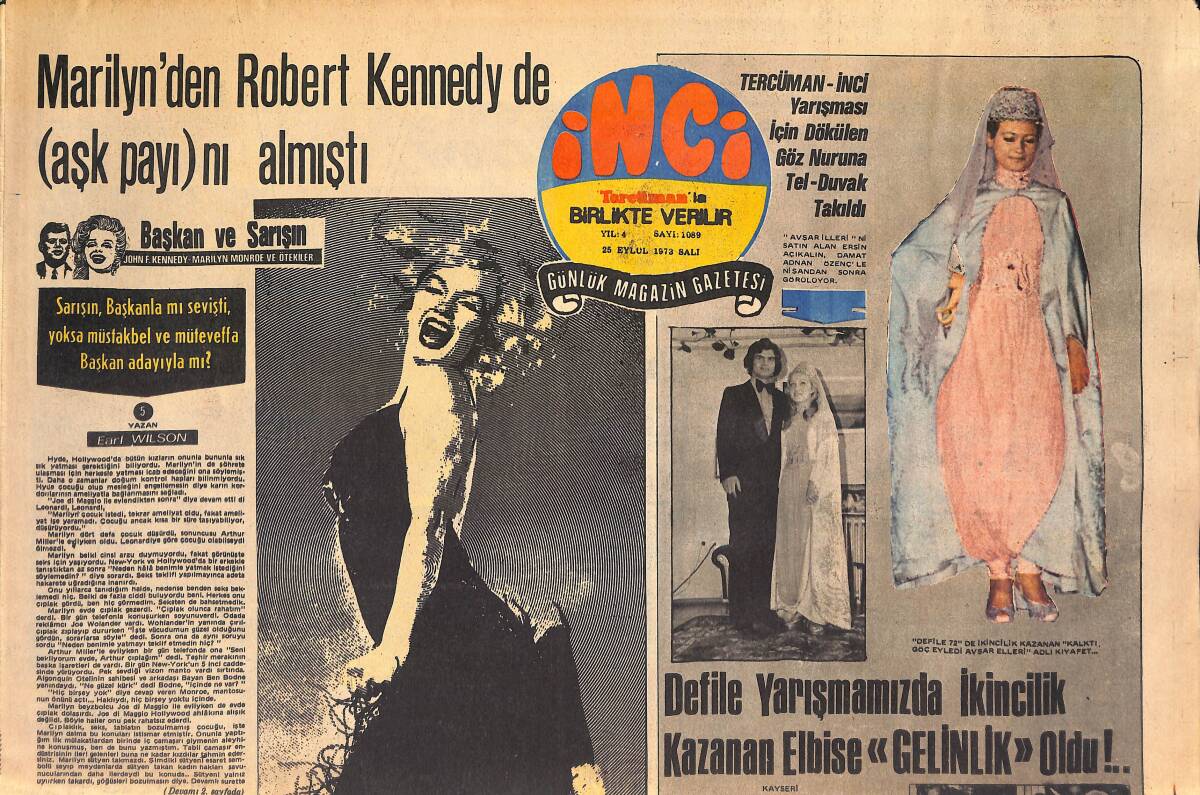 Tercüman Gazetesi İnci Eki 25 Eylül 1973 - Marilyn'den Robert Kennedy'de Aşk Payını Almıştı! - Cüneyt Arkın Afiş! GZ146071 - 1