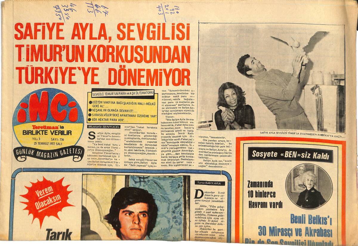 Tercüman Gazetesi İnci Eki 25 Temmuz 1972 - Tarık Akan'a 3 Doktor Tavsiyesi - Ayfer Feray Yurt Dışına Çıkamaz GZ144855 - 1