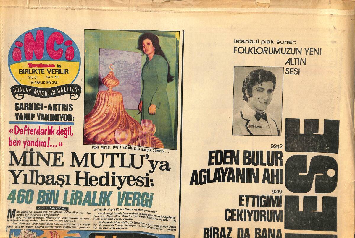 Tercüman Gazetesi İnci Eki 26 Aralık 1972 - Mine Mutlu'ya Yılbaşı Hediyesi 460 Bin Liralık Vergi - İzzet Altınmeşe Plak Afiş GZ141807 - 1