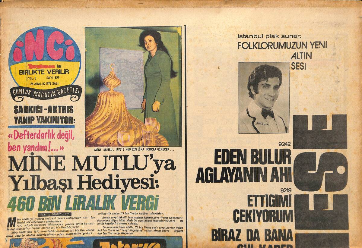 Tercüman Gazetesi İnci Eki 26 Aralık 1972 - Mine Mutlu'ya Yılbaşı Hediyesi 460 Bin Liralık Vergi - İzzet Altınmeşe Plak Afiş GZ147505 - 1
