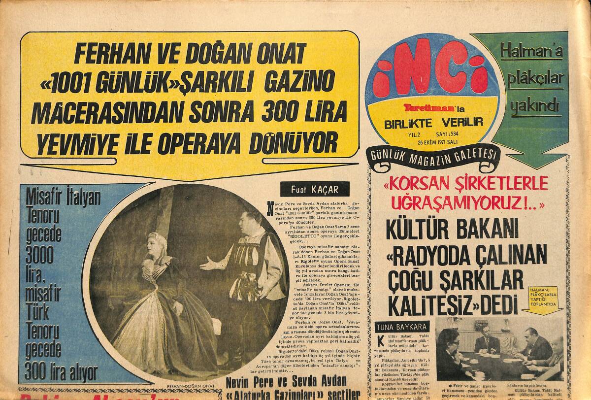 Tercüman Gazetesi İnci Eki 26 Ekim 1971 - Sevim Tuna Koltuk Değneği İle Gazinosuna Gitti GZ147592 - 1