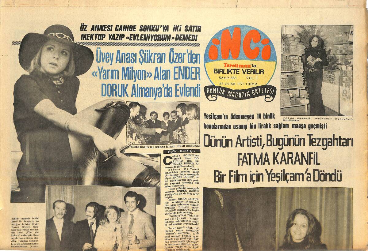 Tercüman Gazetesi İnci Eki 26 Ocak 1973 - Fatma Karanfil Yeşilçam'a Döndü - Türkan Şoray Afiş! GZ144688 - 1
