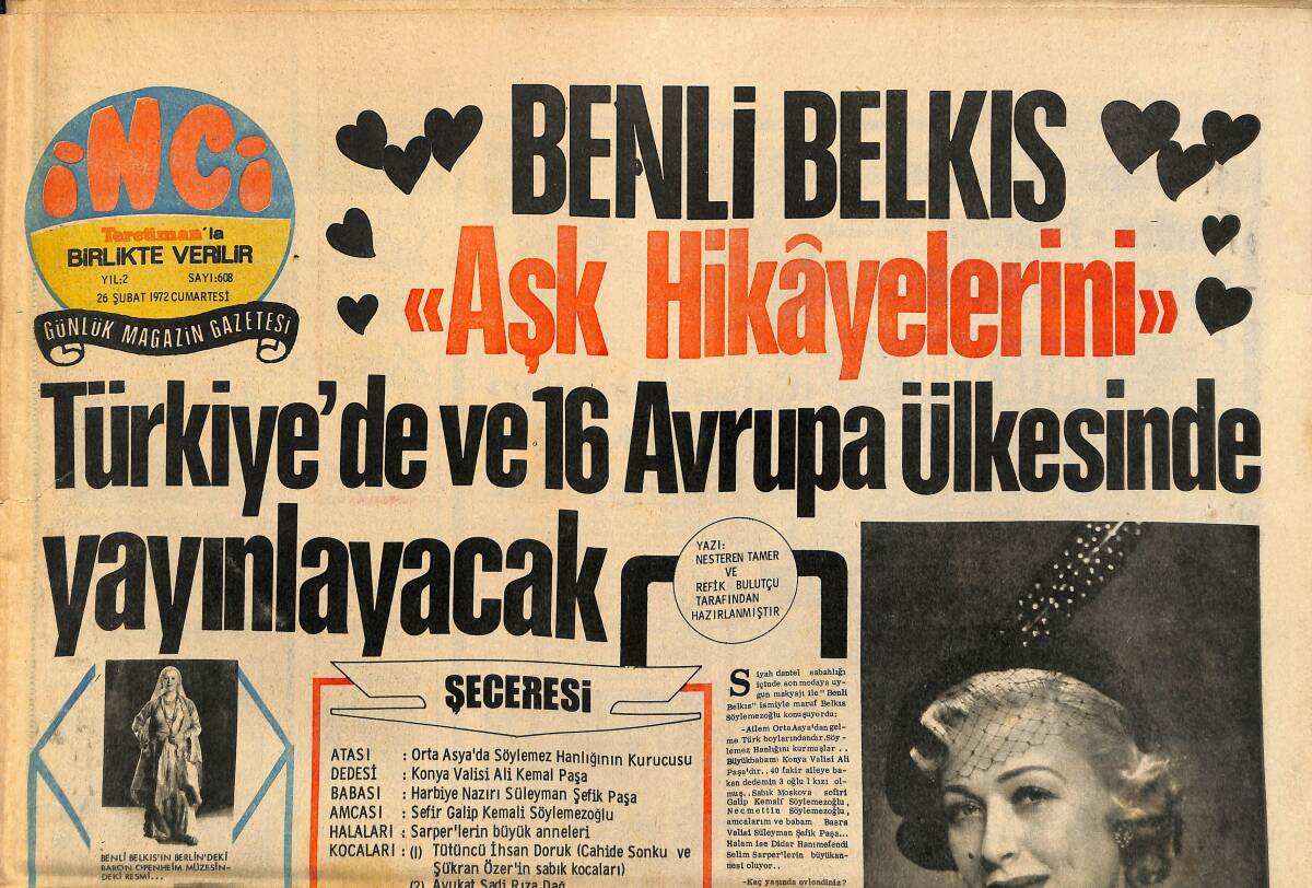 Tercüman Gazetesi İnci Eki 26 Şubat 1972 - Benli Belkıs Aşk Hikayelerini Türkiye'de Ve 16 Avrupa Ülkesinde Yayınlayacak GZ160771 - 1