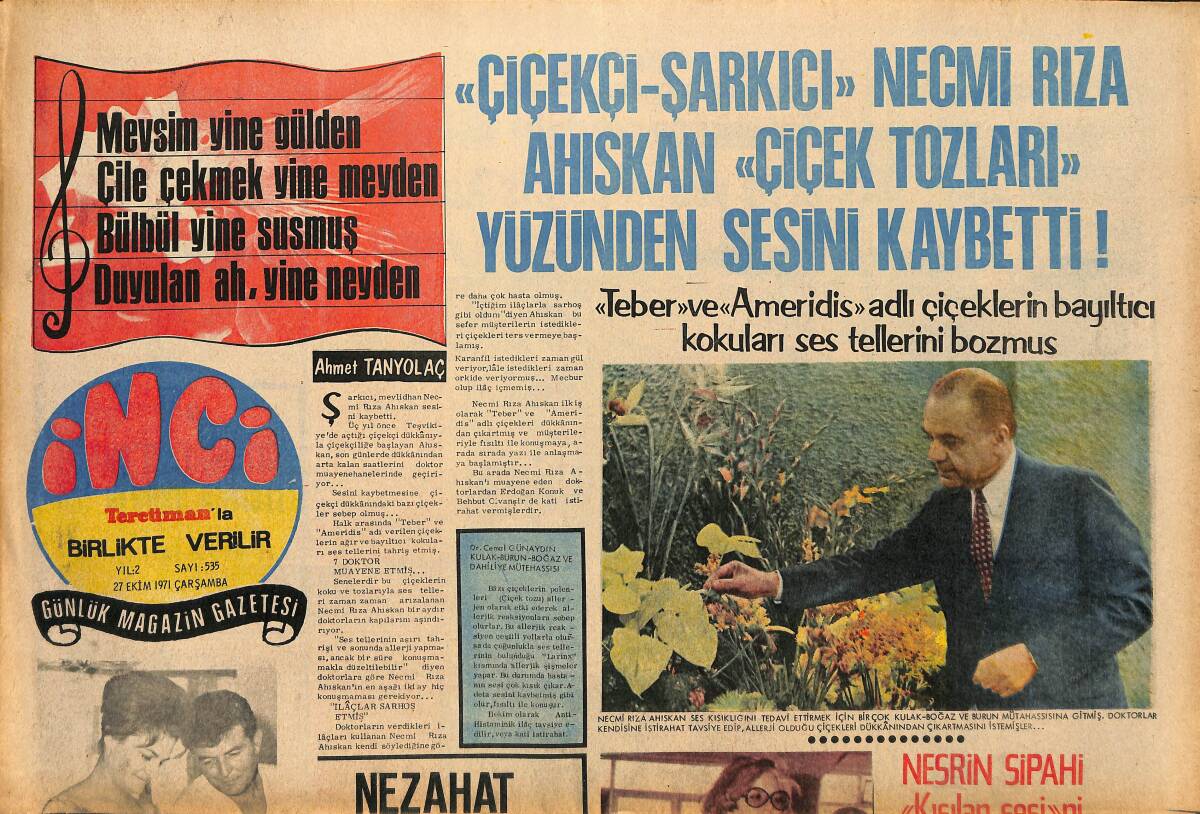 Tercüman Gazetesi İnci Eki 27 Ekim 1971 - Nesrin Sipahi Kısılan Sesini Frank Sinatra'nın Özel Doktoruna Tedavi Ettirmek İçin Avrupa'ya Gitti GZ147593 - 1