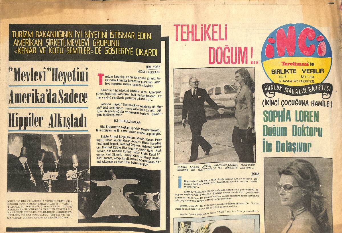 Tercüman Gazetesi İnci Eki 27 Kasım 1972 - Sophia Loren Doğum Doktoru İle Dolaşıyor GZ141729 - 1
