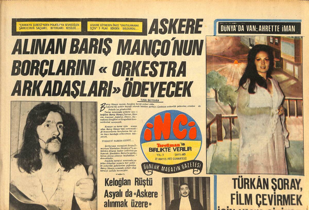 Tercüman Gazetesi İnci Eki 27 Mayıs 1972 - Türkan Şoray Film Çevirmek İçin Van'a Gidiyor! - Barış Manco'nun Borçlarını Orkestra Arkadaşları Ödeyecek! GZ145720 - 1