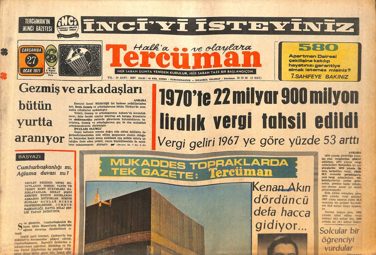 Tercüman Gazetesi İnci Eki 27 Ocak 1971 - Deniz Gezmiş Ve Arkadaşları Bütün Yurttan Aranıyor - Kenan Akın Dördüncü Defa Hacca Gitti GZ144375 - 1