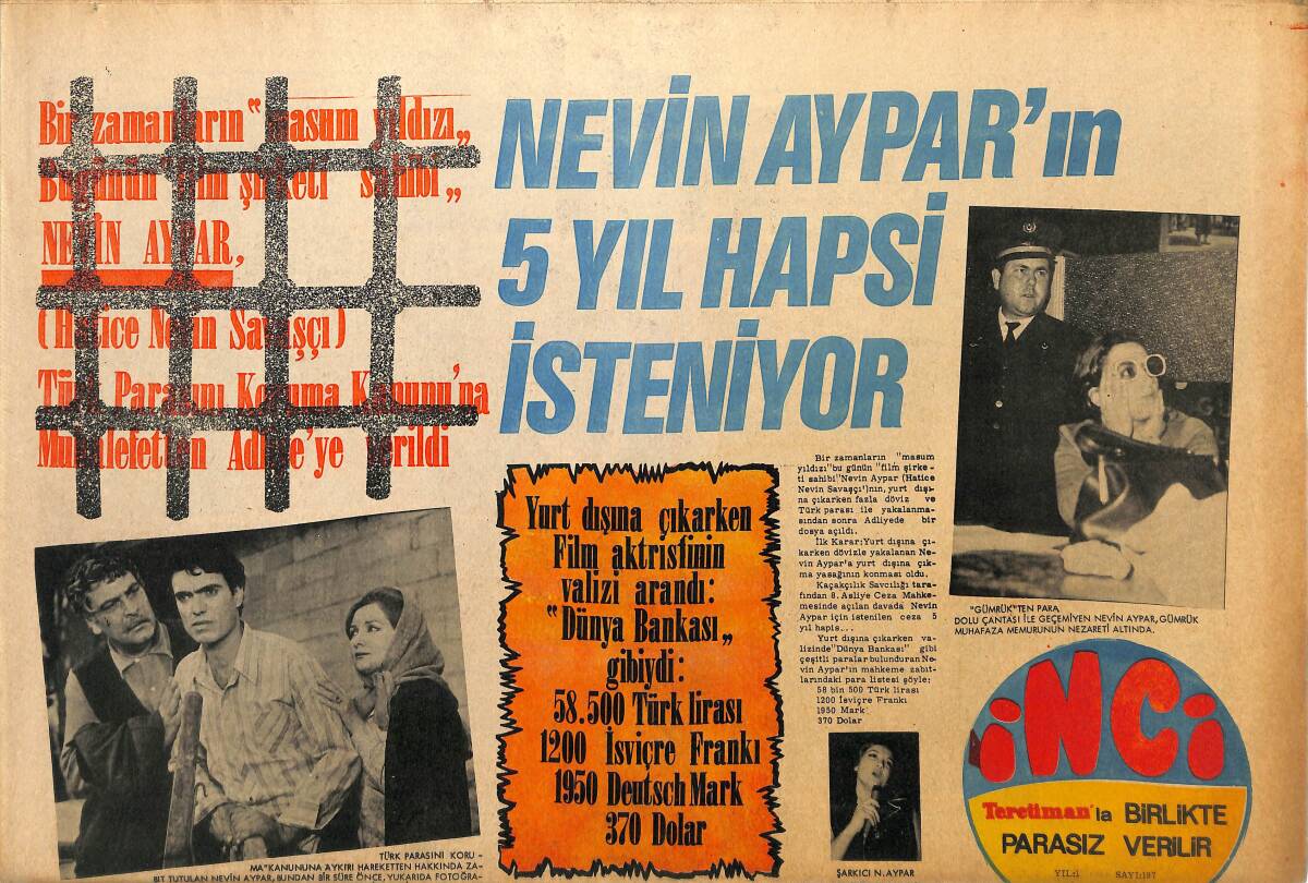 Tercüman Gazetesi İnci Eki 28 Ekim 1970 - Nevin Aypar'ın 5 Yıl Hapsi İsteniyor GZ145371 - 1