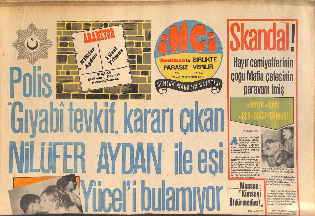 Tercüman Gazetesi İnci Eki 28 Kasım 1970 - Polis Gıyabi Tevkif Kararı Çıkan Nifüler Aydan İle Eşi Yücel'i Bulamıyor GZ146184 - 1