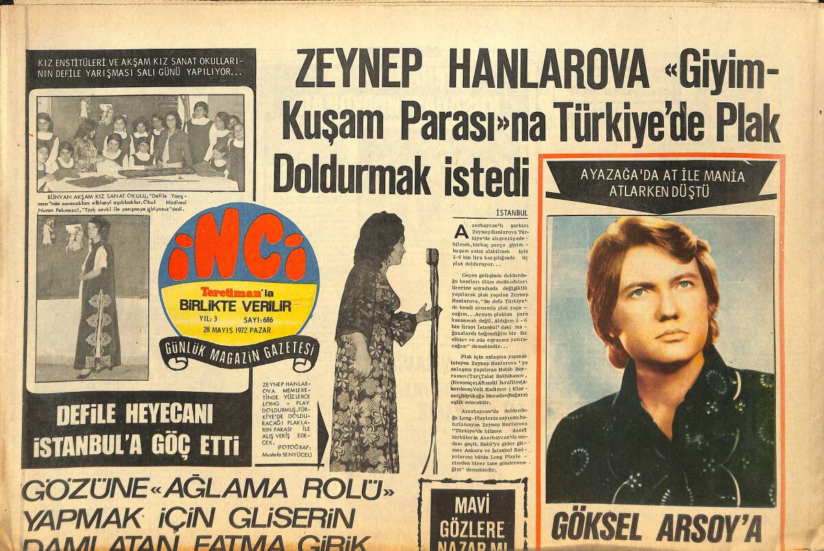 Tercüman Gazetesi İnci Eki 28 Mayıs 1972 - Göksel Arsoy'a Doktorlar Ata Binmeyi Yasakladı - Fatma Girik Az Daha Kör Oluyordu GZ146241 - 1