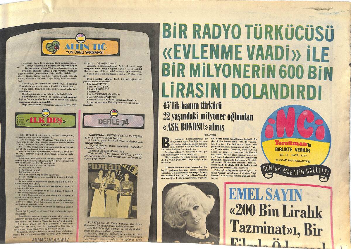 Tercüman Gazetesi İnci Eki 28 Ocak 1974 - Emel Sayın 200 Bin Liralık Tazminatı Bir Filmle Ödeyecek! - Parla Şenol Amerika'ya Gidiyor! GZ145051 - 1