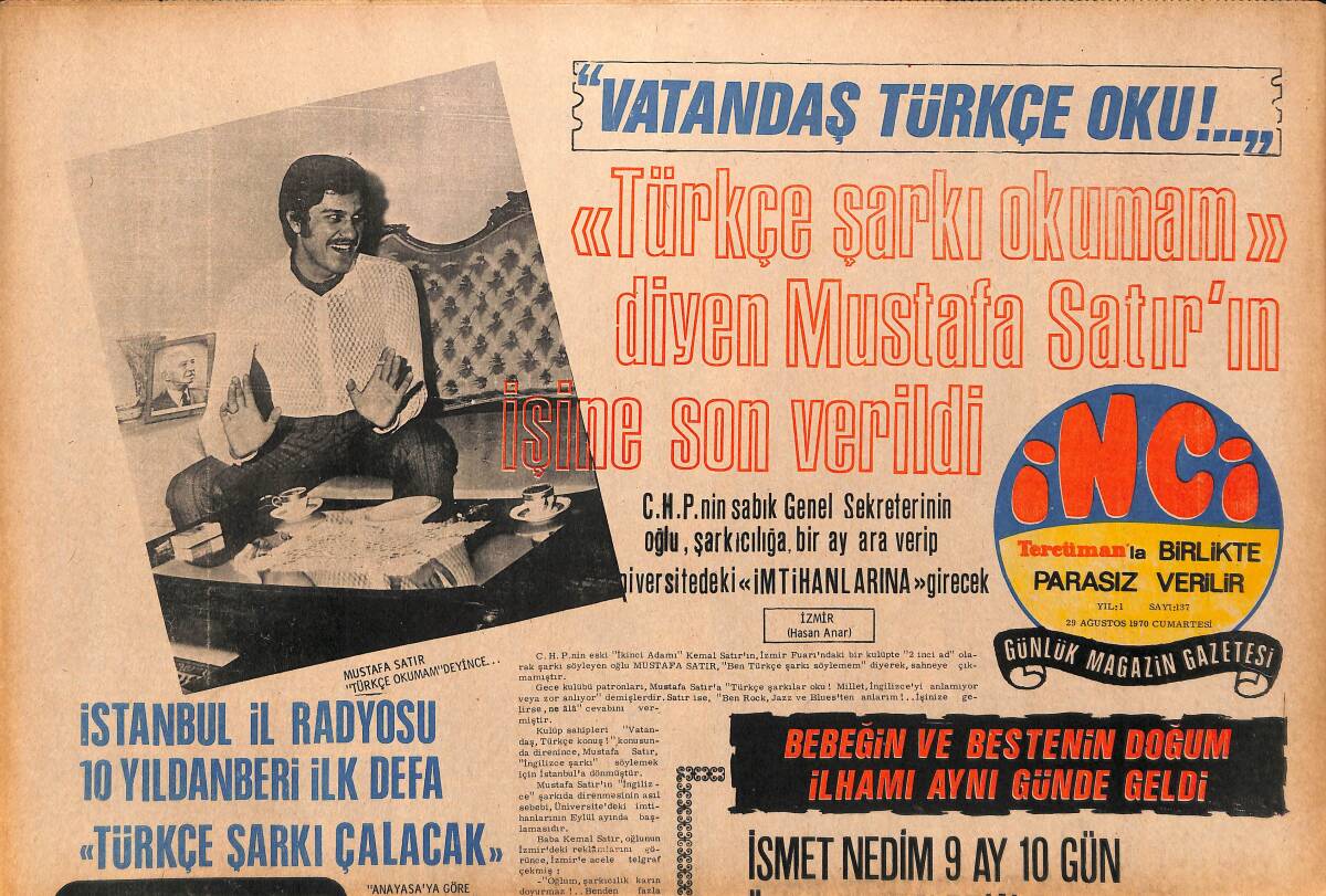 Tercüman Gazetesi İnci Eki 29 Ağustos 1970 - İstanbul İl Radyosu 10 Yıldan Beri İlk Defa Türkçe Şarkı Çalacak GZ147619 - 1