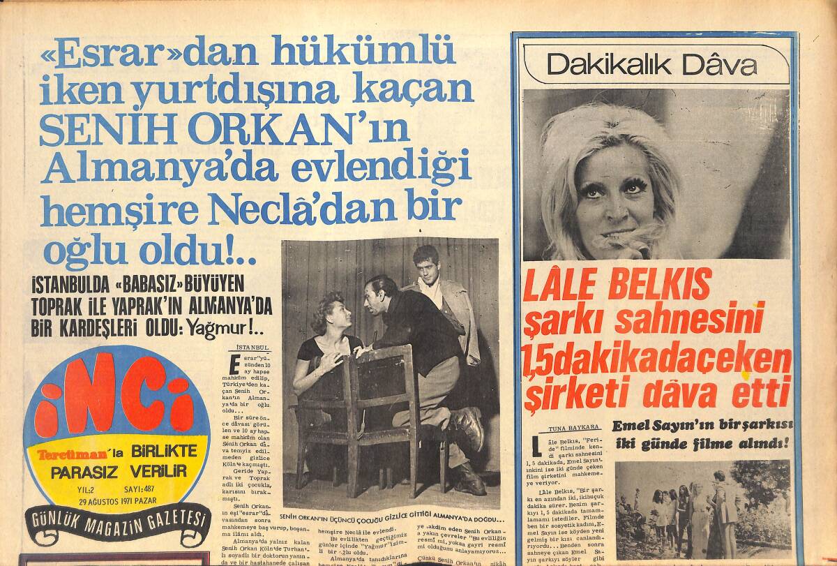 Tercüman Gazetesi İnci Eki 29 Ağustos 1971 - Emel Sayın'ın Bir Şarkısı İki Günde Filme Alındı! - Lale Belkıs Dakikalık Dava! GZ145248 - 1