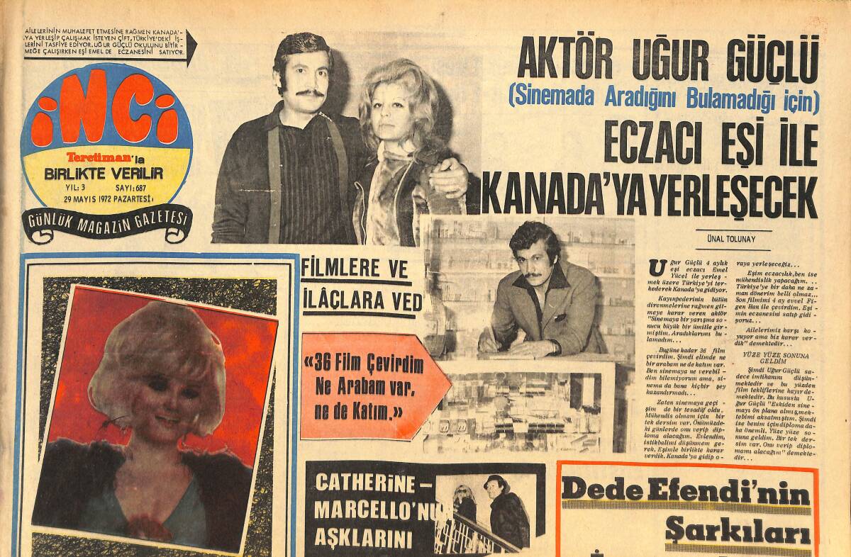Tercüman Gazetesi İnci Eki 29 Mayıs 1972 - Gönül Yazar Sahnede 20. Yılını Yalnızlık Şarkısını Okuyarak Ağladı! - Aktör Uğur Güçlü Eşi İle Kanada! GZ145719 - 1