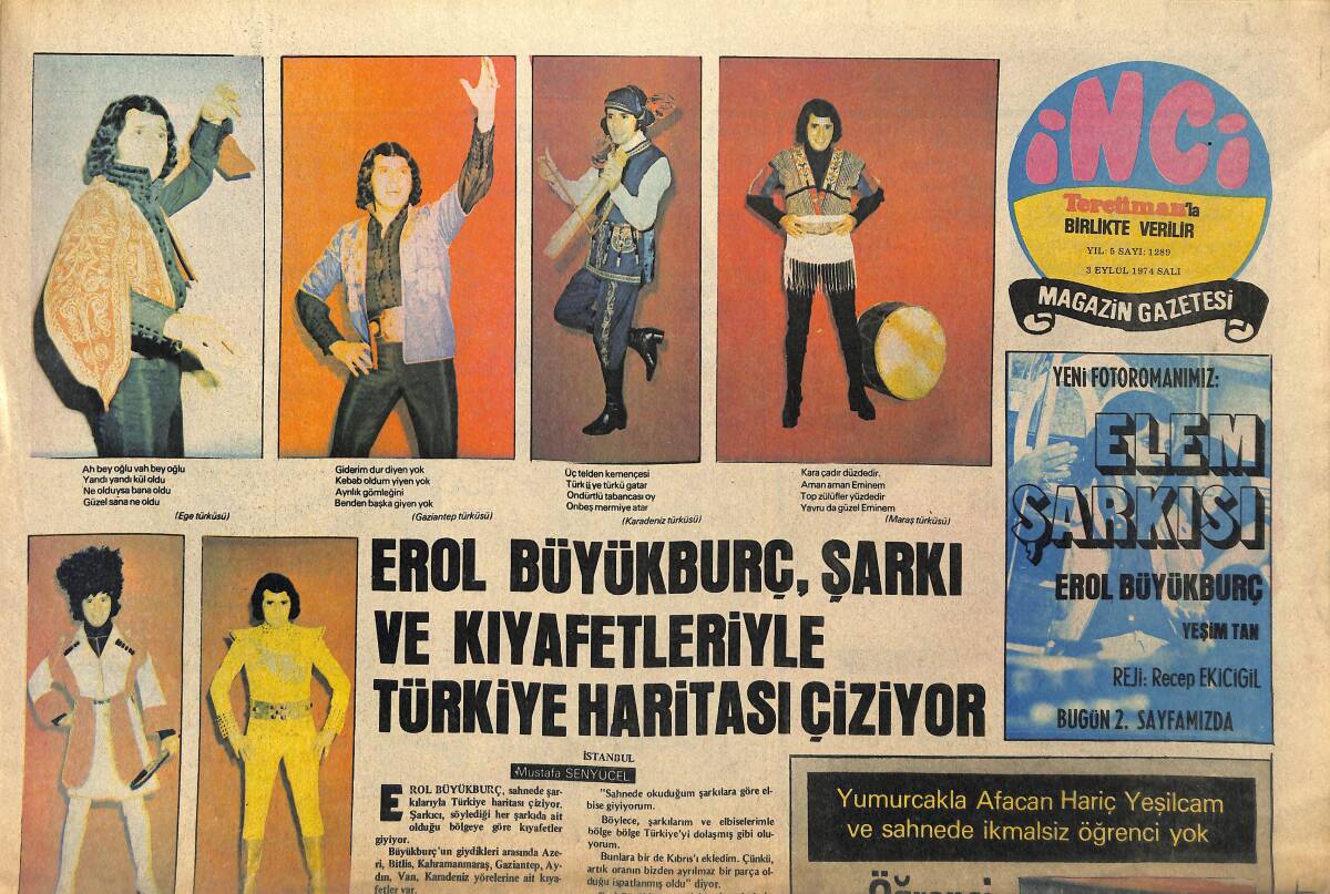 Tercüman Gazetesi İnci Eki 3 Eylül 1974 - Tarık Akan Ekim Ayında İmtihana Girecek - Emel Sayın Amerika Konserinden Vazgeçti GZ145924 - 1