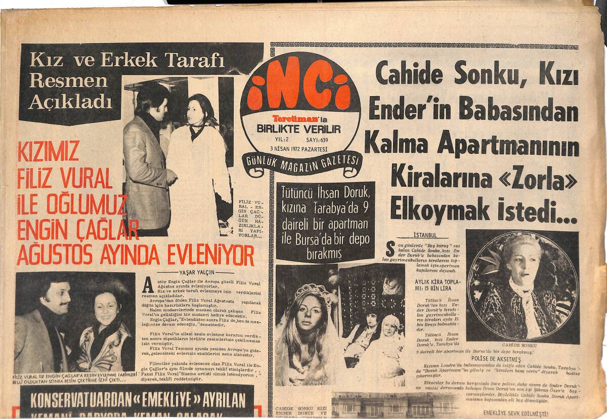 Tercüman Gazetesi İnci Eki 3 Nisan 1972 - Filiz Vural Engin Çağlar İle Evleniyor - Hakkı Derman Kanunen Kemana Veda Etti! GZ144961 - 1