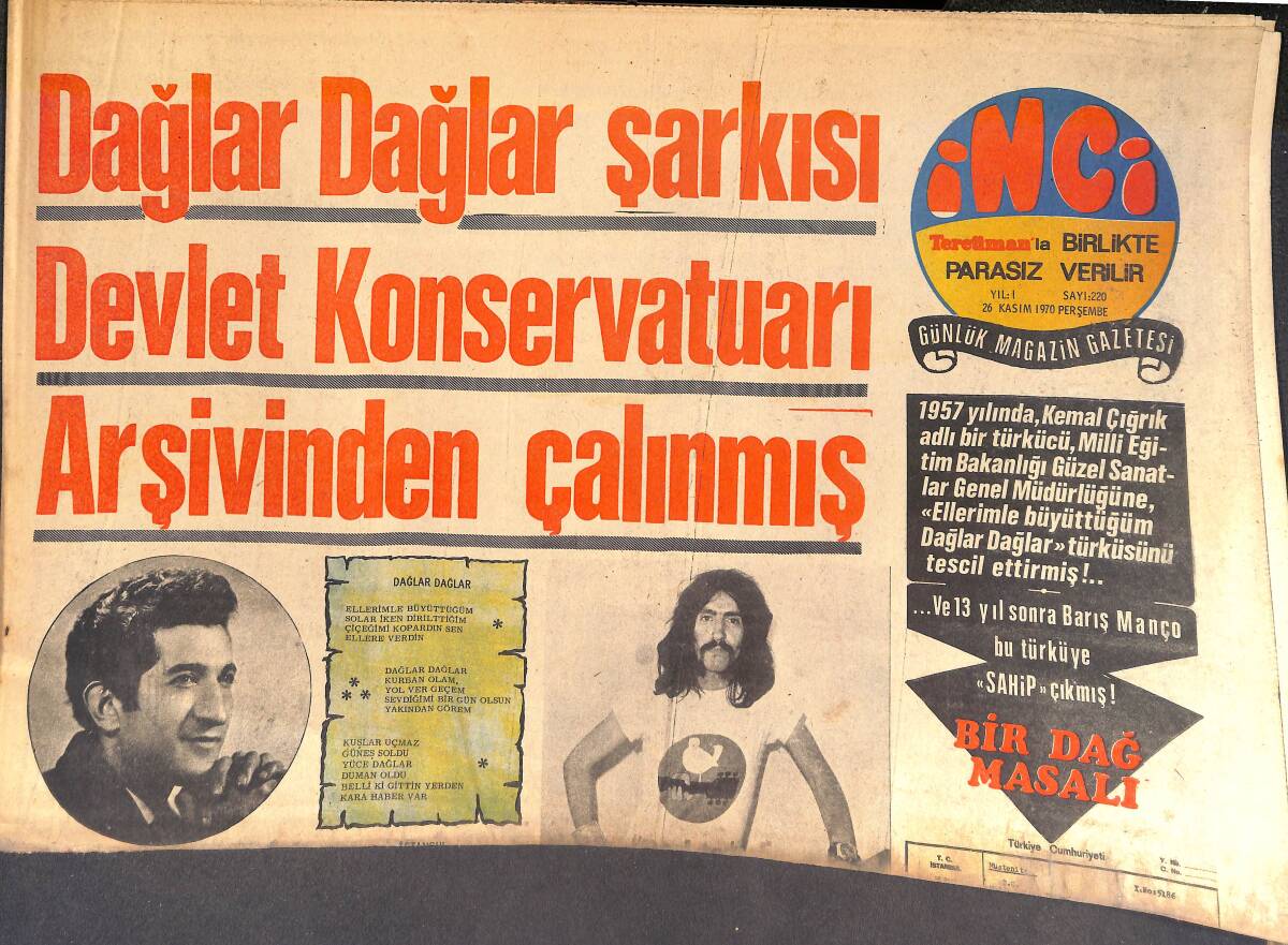 Tercüman Gazetesi İnci Eki 3 Şubat 1972 - Dağlar Dağlar Şarkısı Devlet Konservatuarı Arşivinden Çalışmış - İlk Caz Kulübü Kuruldu! GZ144396 - 1
