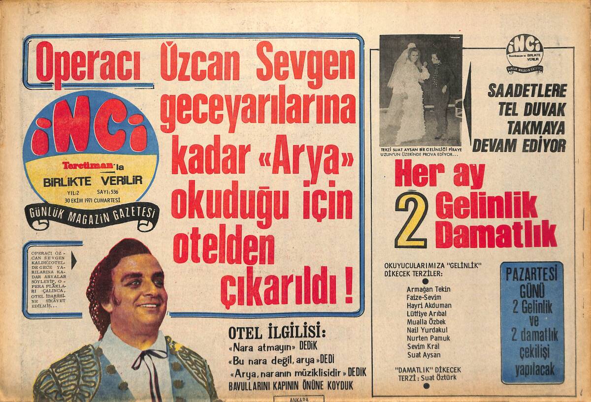 Tercüman Gazetesi İnci Eki 30 Ekim 1971 - Lâle Belkıs Turistik Şarkıcı Olarak 17 Ülkeyi Dolaşacak GZ147594 - 1