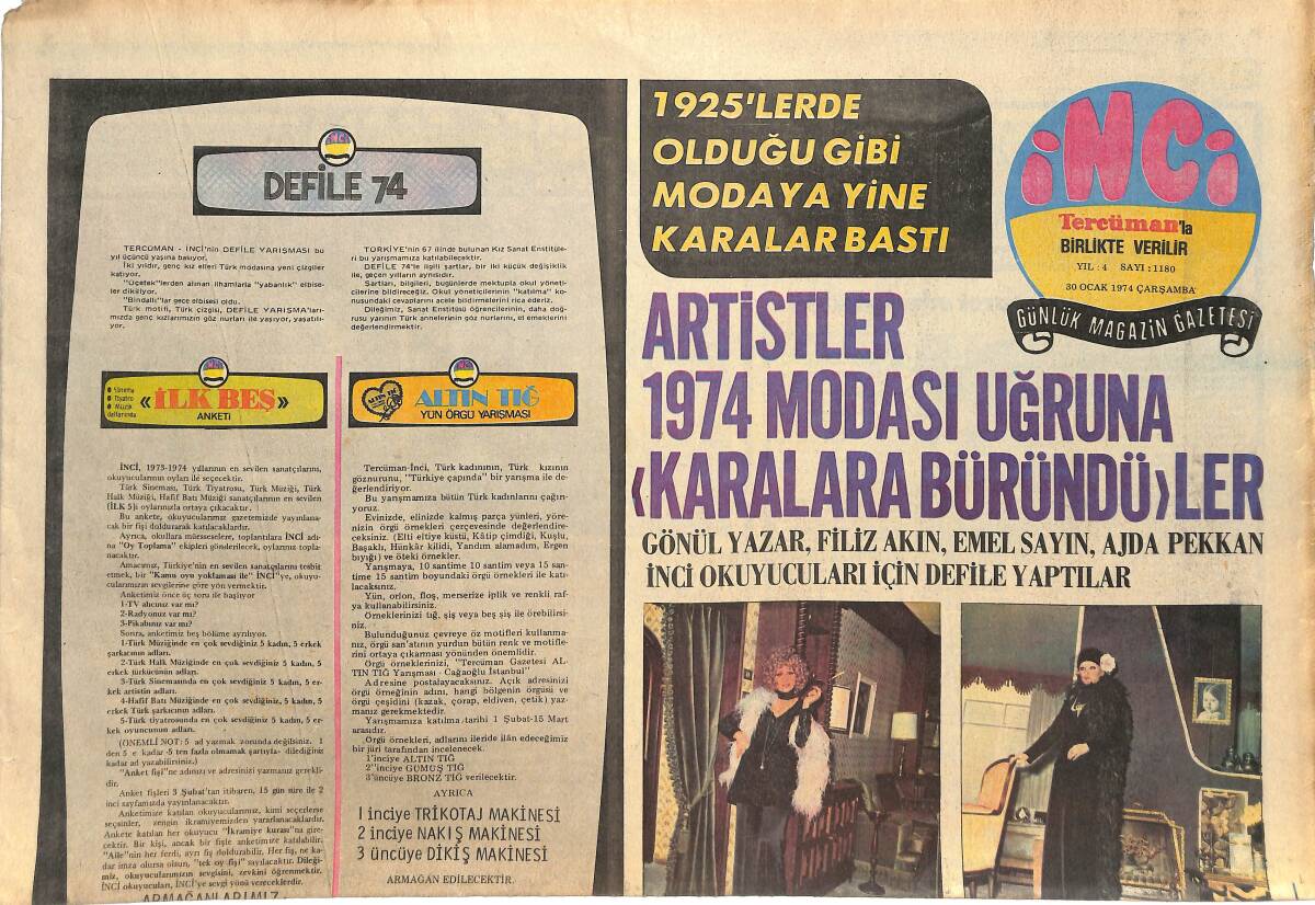 Tercüman Gazetesi İnci Eki 30 Ocak 1974 - Dalida , 1925 Modası Elbise İle Sahneye Çıktı GZ145079 - 1
