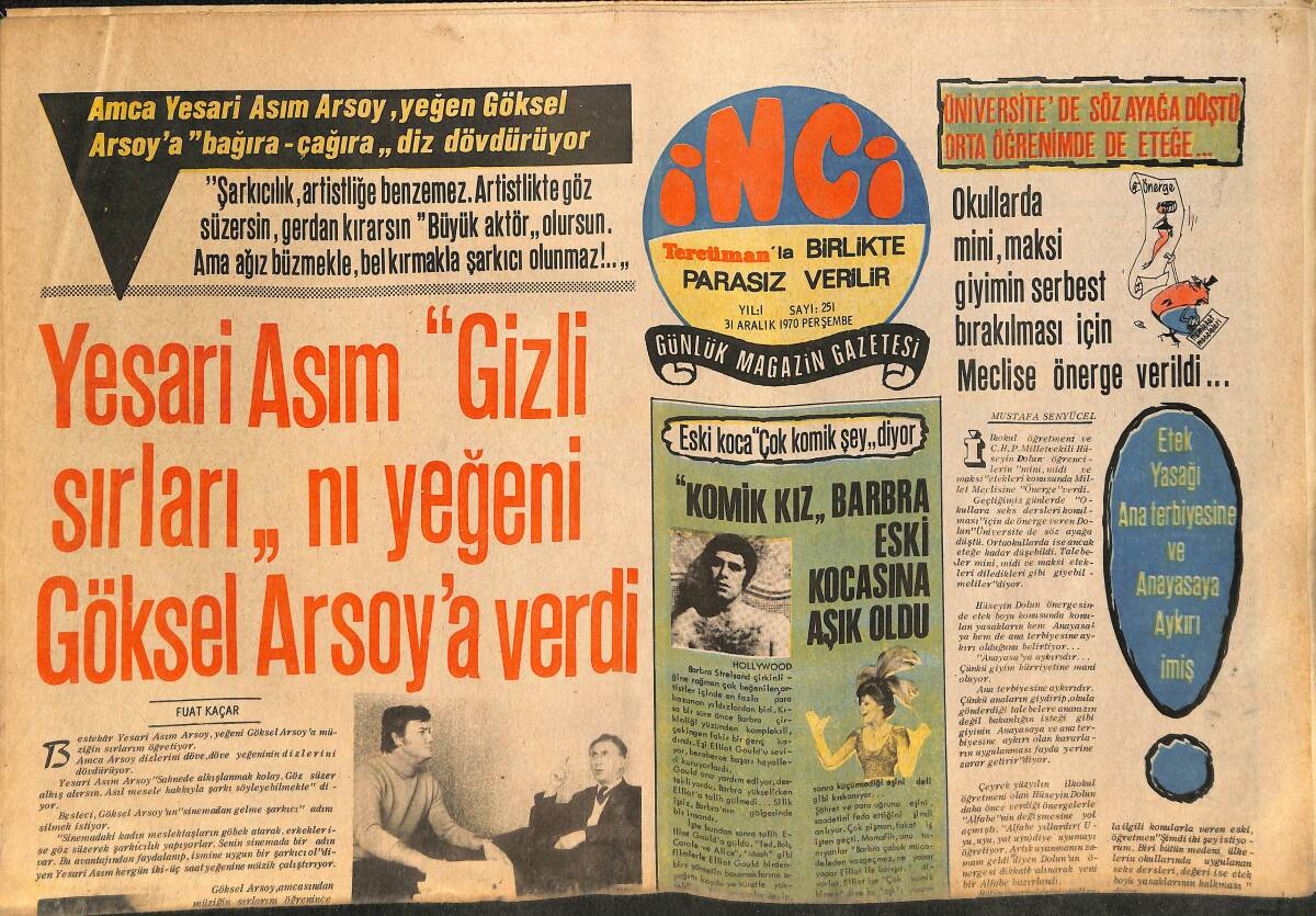 Tercüman Gazetesi İnci Eki 31 Aralık 1970 - Yesari Asım '' Gizli Sırları ''nı Yeğeni Göksel Arsoy'a Verdi GZ145523 - 1