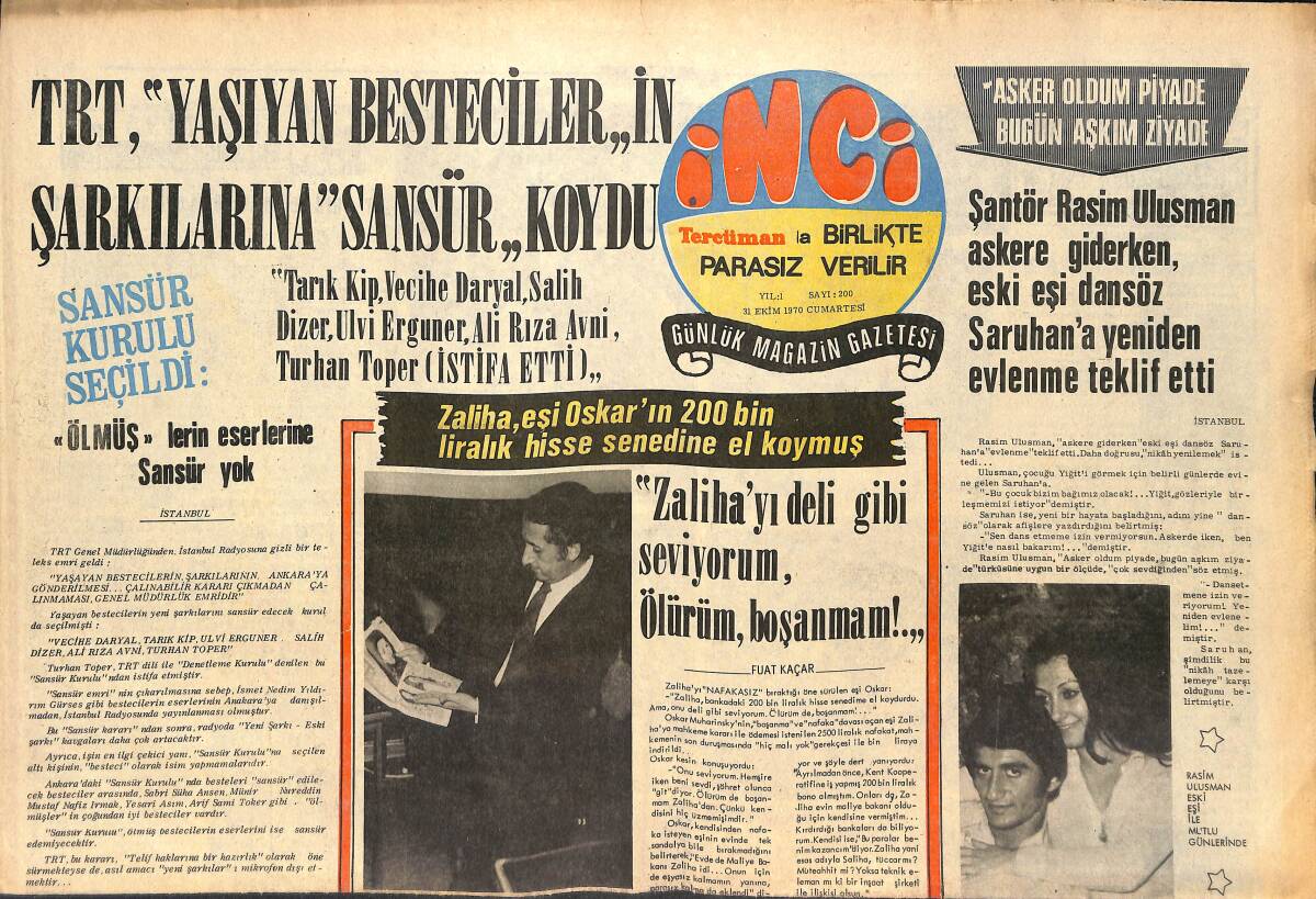 Tercüman Gazetesi İnci Eki 31 Ekim 1970 - Zaliha, Eşi Oskar'ın 200 Bin Liralık Hisse Senedine El Koymuş GZ145595 - 1