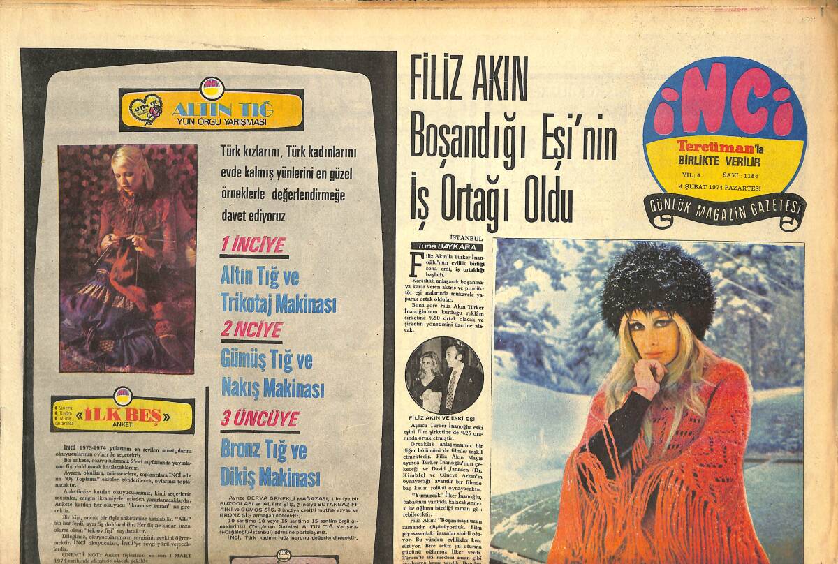 Tercüman Gazetesi İnci Eki 4 Şubat 1974 - Filiz Akın Boşandığı Eşi'nin İş Ortağı Oldu GZ144470 - 1