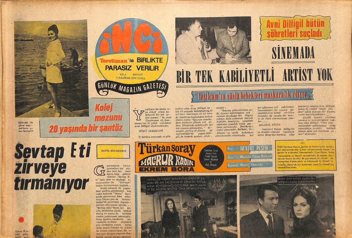 Tercüman Gazetesi İnci Eki 5 Haziran 1970 - Ümmü Gülsüm'e 6 Dakika Solo Yaptı - Sinemada Bir Tek Kabiliyetli Artist Yok GZ147470 - 1