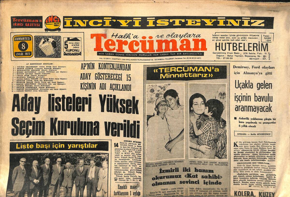 Tercüman Gazetesi İnci Eki 6 Eylül 1973 - Nuri Sesigüzel Orta Doğu'ya Gidiyor - AP Yemeğinde Aynur Aydın İçin Kavga Çıktı GZ141826 - 1