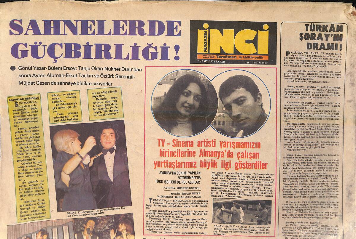 Tercüman Gazetesi İnci Eki 7 Kasım 1976 - Sahne Koalisyonunu İlk Gerçekleştirenler Gönül Yazar ve Bülent Ersoy - Neşe Karaböcek'e TV'de Şarkı Yasak GZ156525 - 1