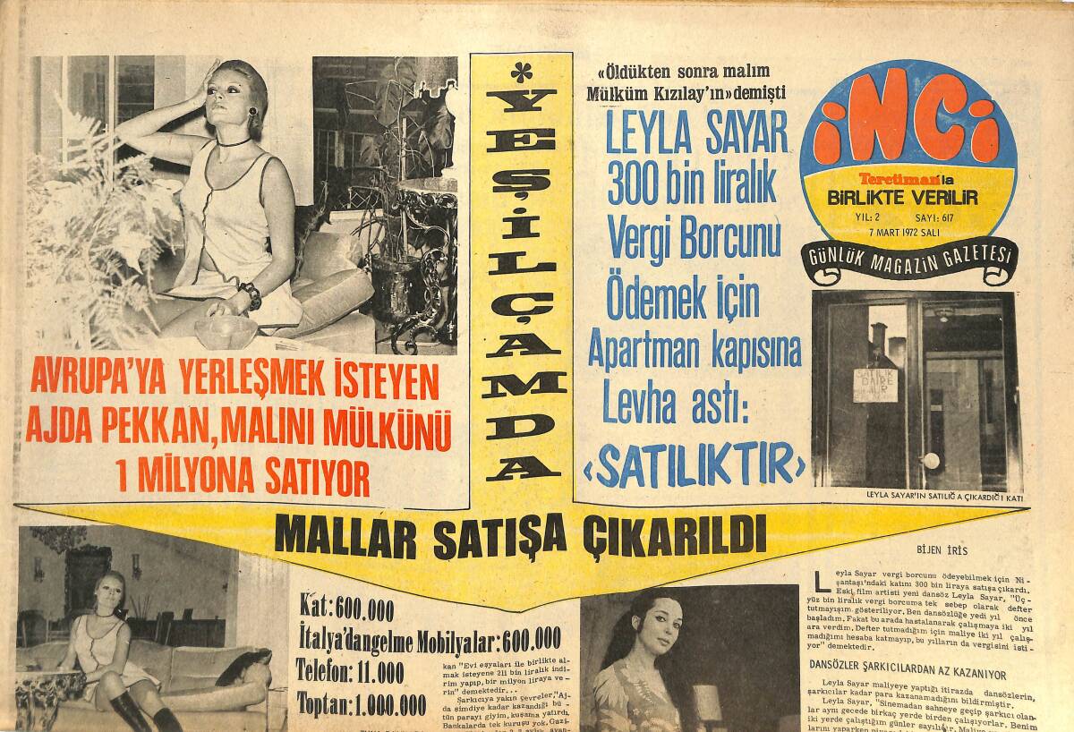 Tercüman Gazetesi İnci Eki 7 Mart 1972 - Avrupa'ya Yerleşmek İsteyen Ajda Pekkan Malını 1 Milyona Satıyor GZ144727 - 1