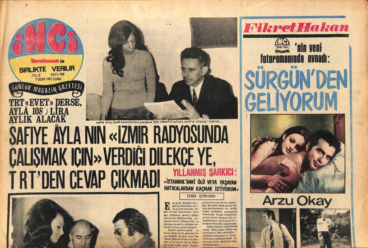 Tercüman Gazetesi İnci Eki 7 Ocak 1972 - Safiye Ayla'nın İzmir Radyosunda Çalışmak İçin Verdiği Dilekçeye TRT'den İzin Çıkmadı GZ147518 - 1