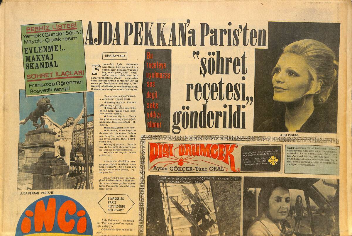 Tercüman Gazetesi İnci Eki 8 Ağustos 1970 - Ajda Pekkan'a Paris'ten Şöhret Reçetesi Gönderildi - Onasis Ve Jackie Haftada 4,5 Milyon Harcıyorlar GZ146254 - 1