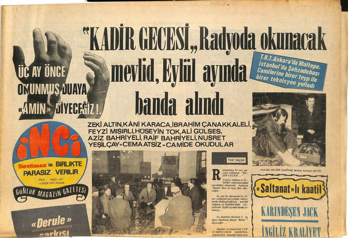 Tercüman Gazetesi İnci Eki 8 Ekim 1970 - Cemile Cevher , 40 Yıllık Arkadaşı Şarkıcı Rikkat Uyanık'ın Oğlu Barış Manço'ya 100 Bin Liralık Dava Açtı GZ145097 - 1