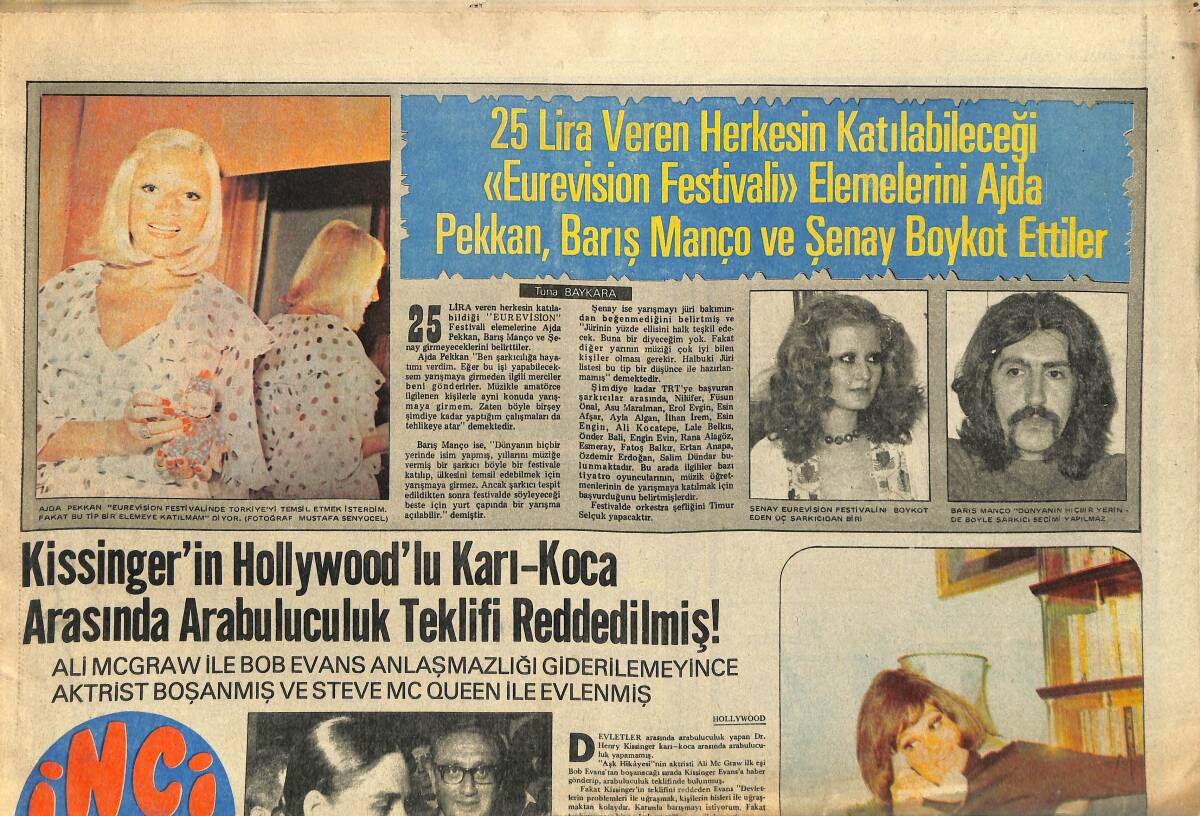 Tercüman Gazetesi İnci Eki 8 Eylül 1974 - Eurevision Festivalini Elemelerini Ajda Pekkan, Barış Manço Ve Şenay Boykot Ettiler GZ145928 - 1
