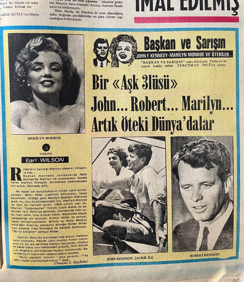 Tercüman Gazetesi İnci Eki 9 Ekim 1973 - Bir Aşk Üçlüsü John, Marilyn, Robert - Mine Mutlu'nun 2 Eski Filminden 1 Yeni Film İmal Edilmiş GZ144338 - 2